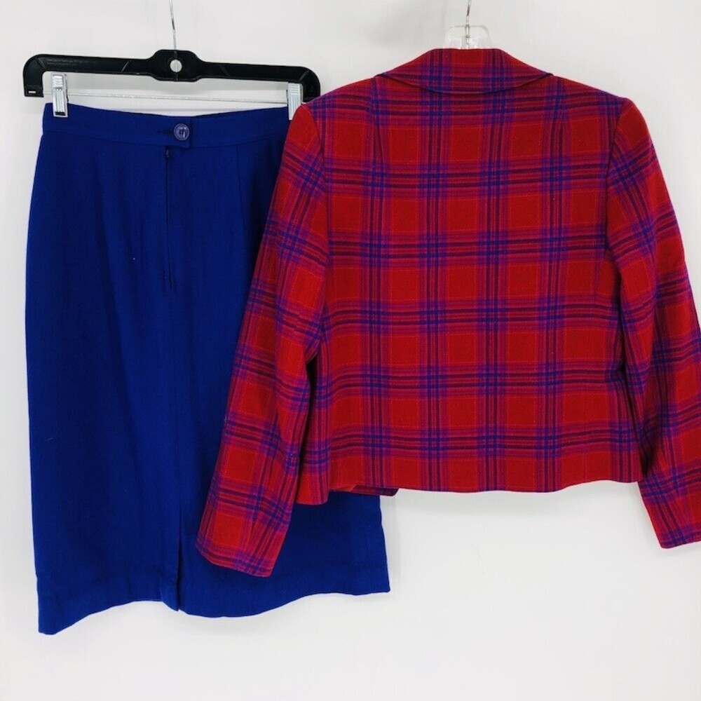 Vintage Pendleton Women's Red & Blue 100% Wool 2 Piece Suit Blazer Skirt Set - Picture 8 of 11